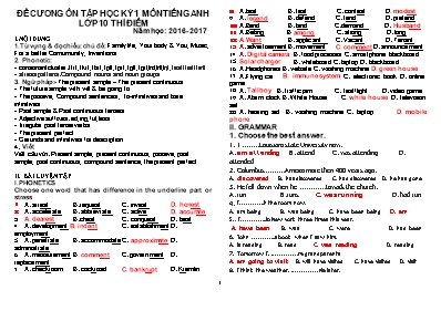 Đề cương ôn tập học kỳ 1 môn Tiếng Anh 10 (Thí điểm) - Năm học 2016-2017